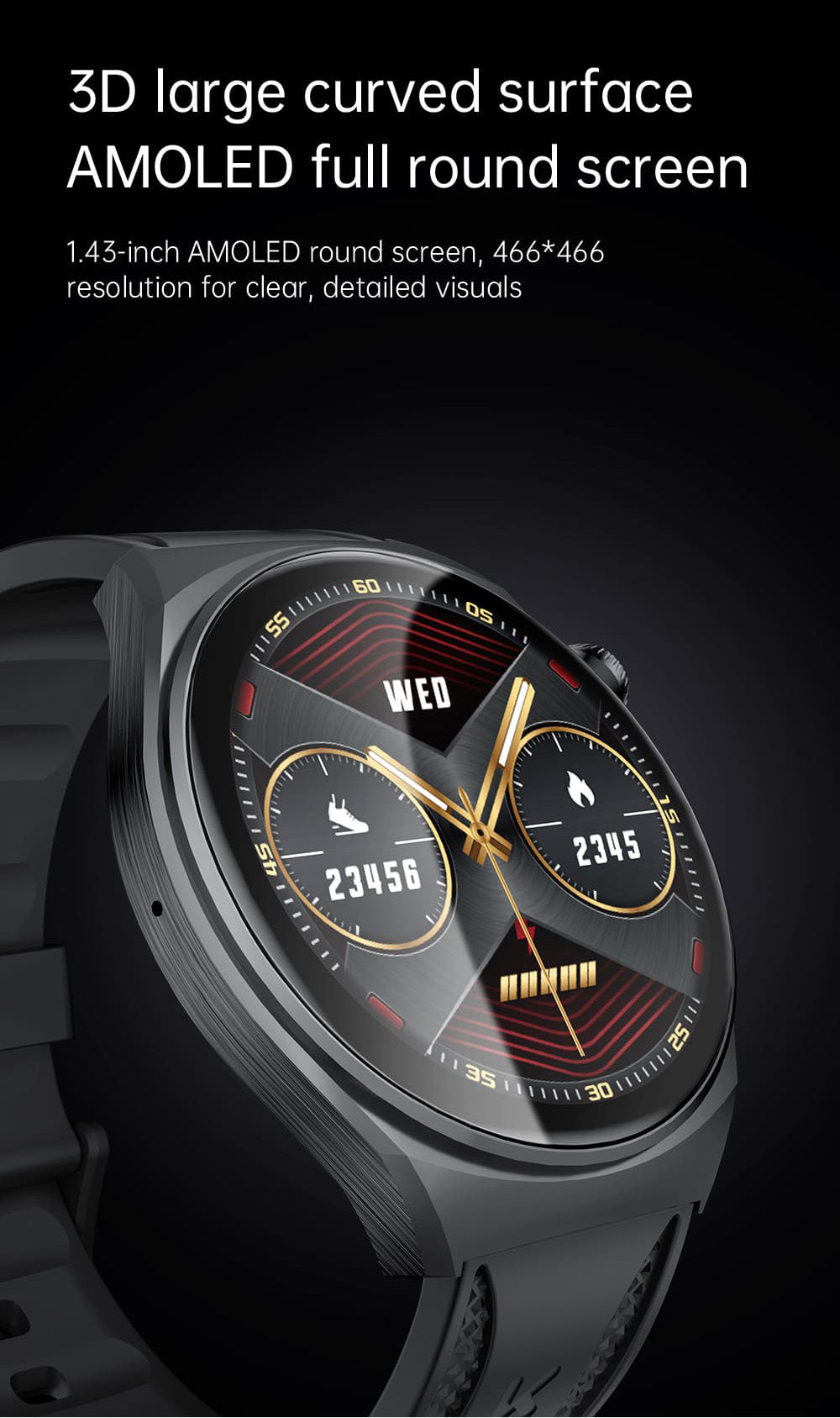 Chytré hodinky KUMI GW6, 1,43palcový AMOLED HD displej, funkce AI Voice, monitorování srdečního tepu během spánku, volání přes Bluetooth - černé