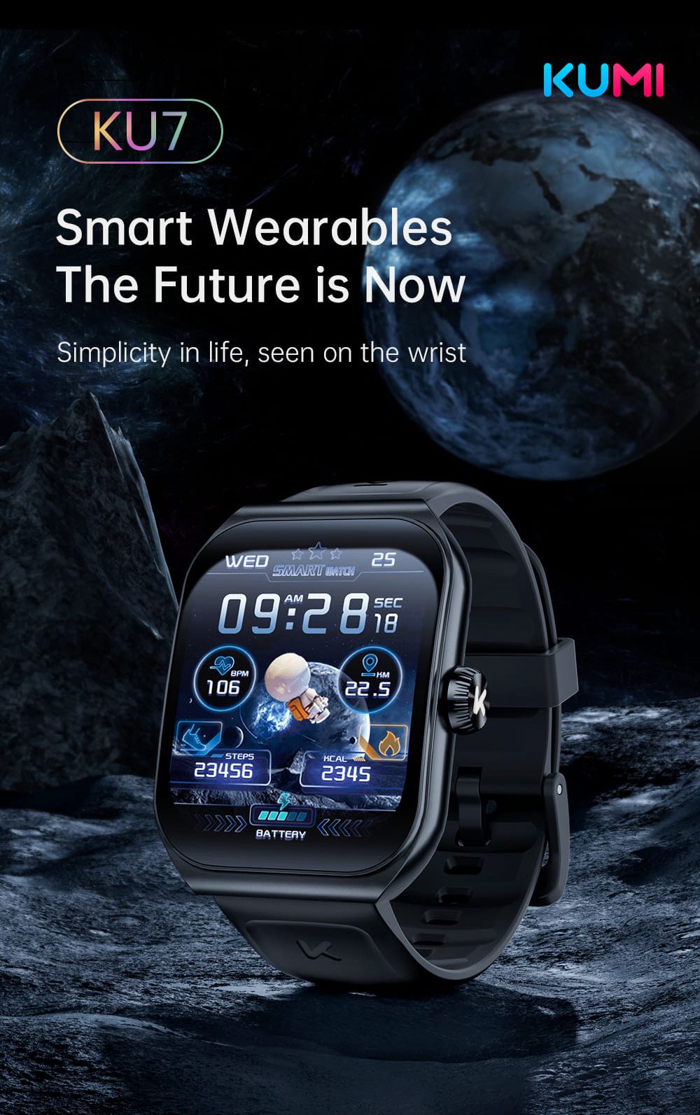 Chytré hodinky KUMI KU7, 1,96" AMOLED displej, Bluetooth volání, monitorování zdraví, informace o akciovém trhu, 100 sportovních režimů - černé