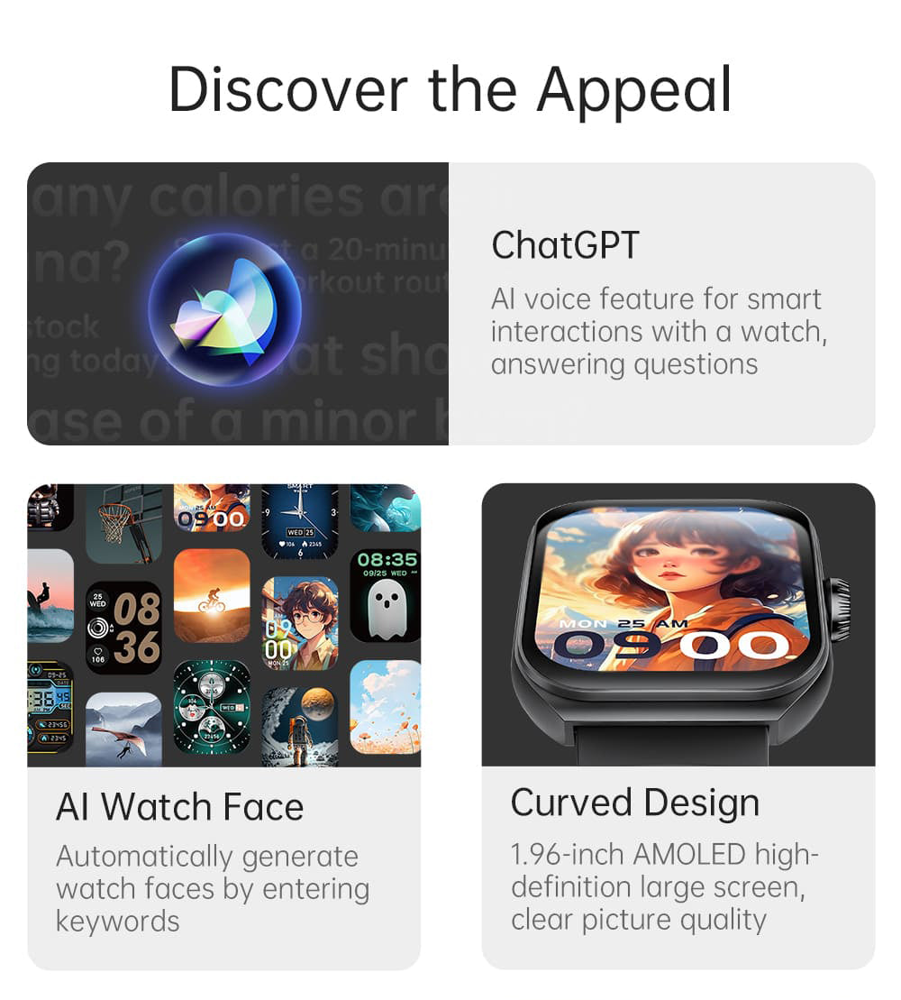 Chytré hodinky KUMI KU7, 1,96" AMOLED displej, Bluetooth volání, monitorování zdraví, informace o akciovém trhu, 100 sportovních režimů - černé