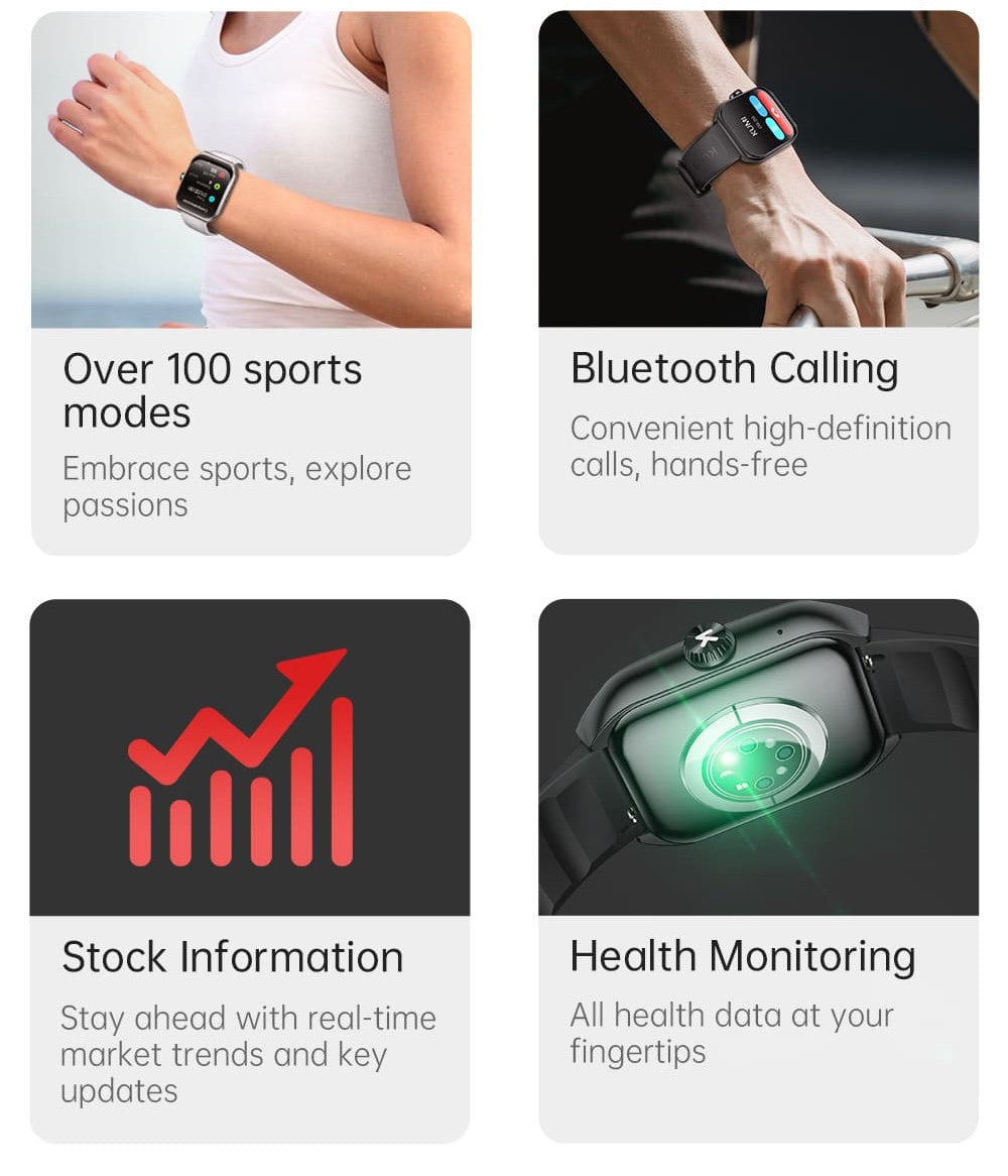 Chytré hodinky KUMI KU7, 1,96" AMOLED displej, Bluetooth volání, monitorování zdraví, informace o akciovém trhu, 100 sportovních režimů - černé