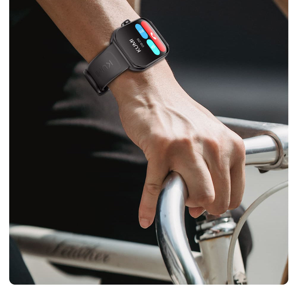 Chytré hodinky KUMI KU7, 1,96" AMOLED displej, Bluetooth volání, monitorování zdraví, informace o akciovém trhu, 100 sportovních režimů - černé