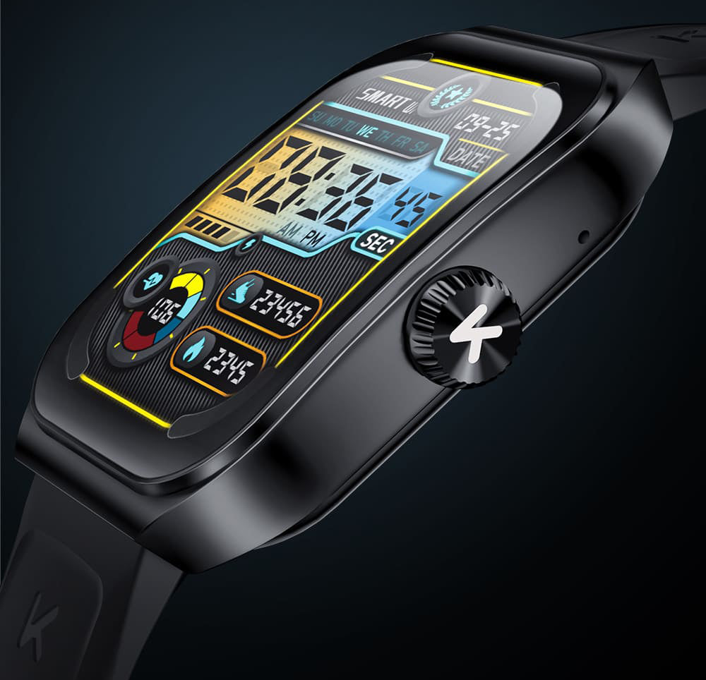 Chytré hodinky KUMI KU7, 1,96" AMOLED displej, Bluetooth volání, monitorování zdraví, informace o akciovém trhu, 100 sportovních režimů - černé