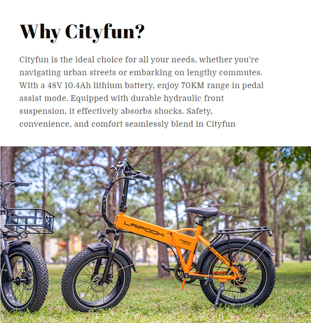 Elektrokolo LAIFOOK Cityfun, bezkartáčový motor 250 W, baterie 48 V 10,4 Ah, tlusté pneumatiky 20 x 4,0 palce, maximální rychlost 25 km/h, dojezd 70 km, hydraulické přední odpružení, mechanická kotoučová brzda, Shimano 7 rychlostí, LCD displej - černé