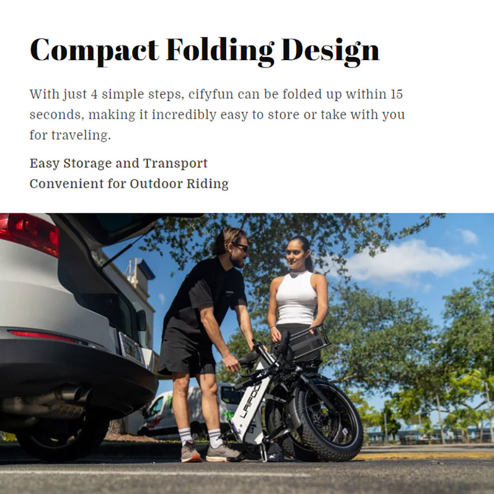 Elektrokolo LAIFOOK Cityfun, bezkartáčový motor 250 W, baterie 48 V 10,4 Ah, tlusté pneumatiky 20 x 4,0 palce, maximální rychlost 25 km/h, dojezd 70 km, hydraulické přední odpružení, mechanická kotoučová brzda, Shimano 7 rychlostí, LCD displej - černé