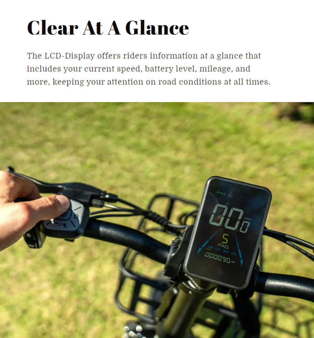 Elektrokolo LAIFOOK Cityfun, bezkartáčový motor 250 W, baterie 48 V 10,4 Ah, tlusté pneumatiky 20 x 4,0 palce, maximální rychlost 25 km/h, dojezd 70 km, hydraulické přední odpružení, mechanická kotoučová brzda, Shimano 7 rychlostí, LCD displej - černé