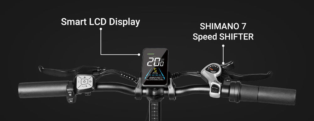 Elektrokolo LAIFOOK Cityfun, bezkartáčový motor 250 W, baterie 48 V 10,4 Ah, tlusté pneumatiky 20 x 4,0 palce, maximální rychlost 25 km/h, dojezd 70 km, hydraulické přední odpružení, mechanická kotoučová brzda, Shimano 7 rychlostí, LCD displej - černé