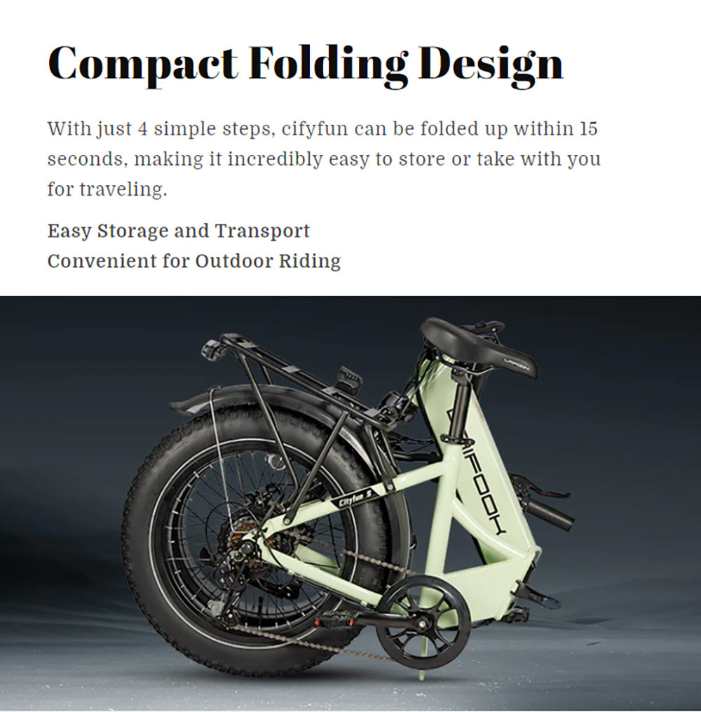 Elektrokolo LAIFOOK Cityfun S, bezkartáčový motor 250 W, baterie 48 V 10,4 Ah, tlusté pneumatiky 20 x 4,0 palce, maximální rychlost 25 km/h, dojezd 70 km, mechanická kotoučová brzda, řazení Shimano 7 rychlostí, LCD displej - černé