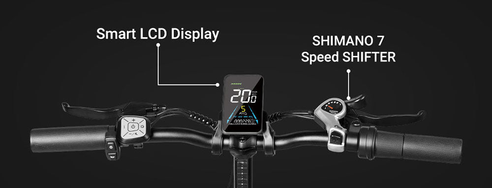 Elektrokolo LAIFOOK Cityfun S, bezkartáčový motor 250 W, baterie 48 V 10,4 Ah, tlusté pneumatiky 20 x 4,0 palce, maximální rychlost 25 km/h, dojezd 70 km, mechanická kotoučová brzda, řazení Shimano 7 rychlostí, LCD displej - černé