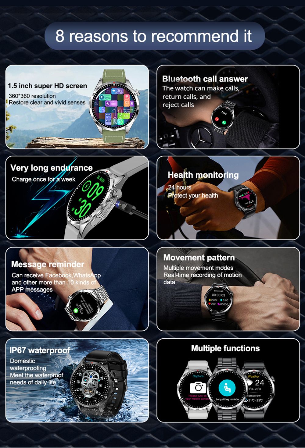 Chytré hodinky LEMFO GTS4, 1,5palcový displej, volání přes Bluetooth, připomenutí zpráv, monitorování zdraví, vodotěsnost IP67 - černé, silikonový řemínek