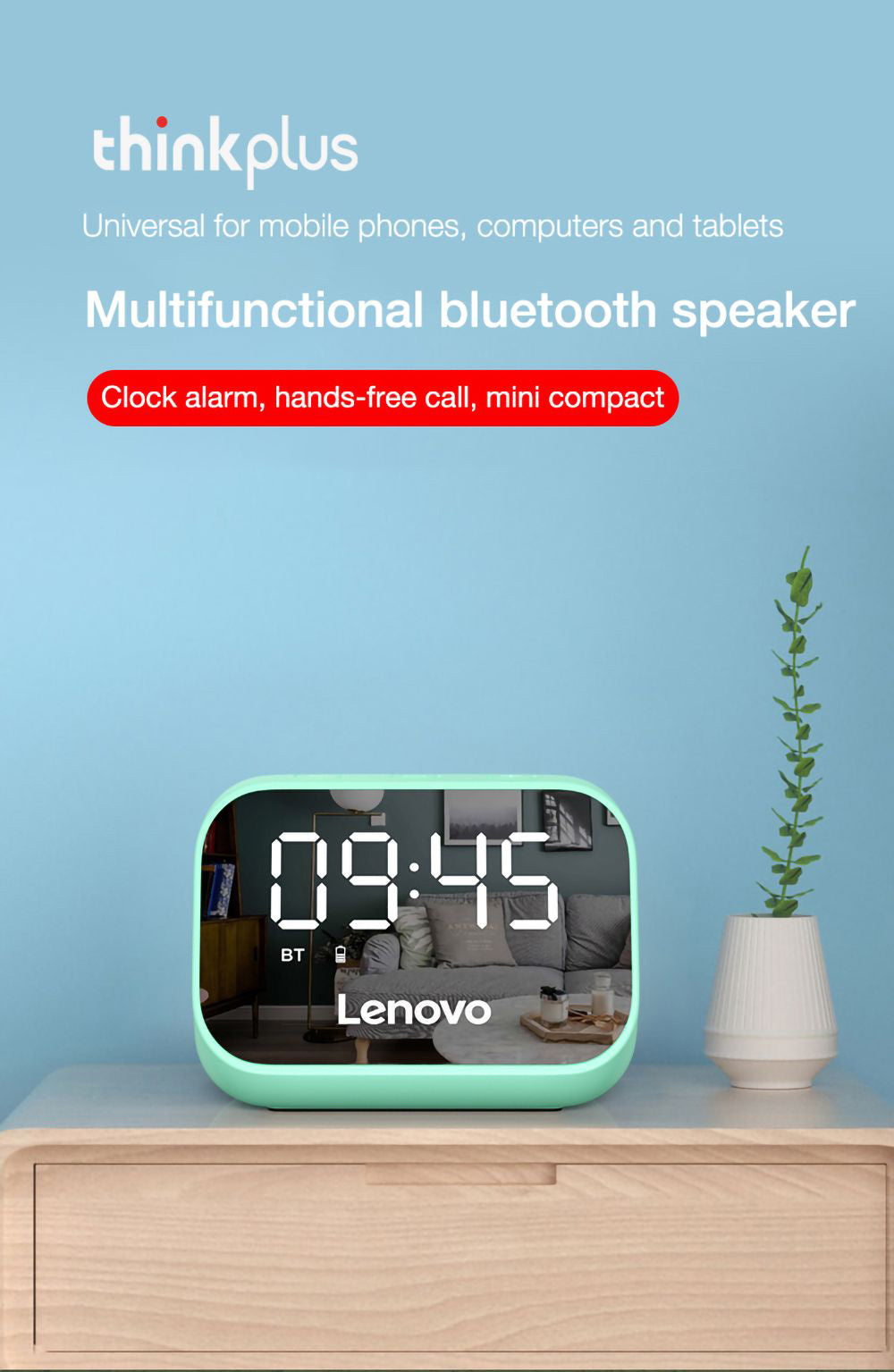 Stolní reproduktor Lenovo TS13, budík, bezdrátový Bluetooth stereo reproduktor, baterie 1500 mAh, zrcadlo, digitální displej - bílý