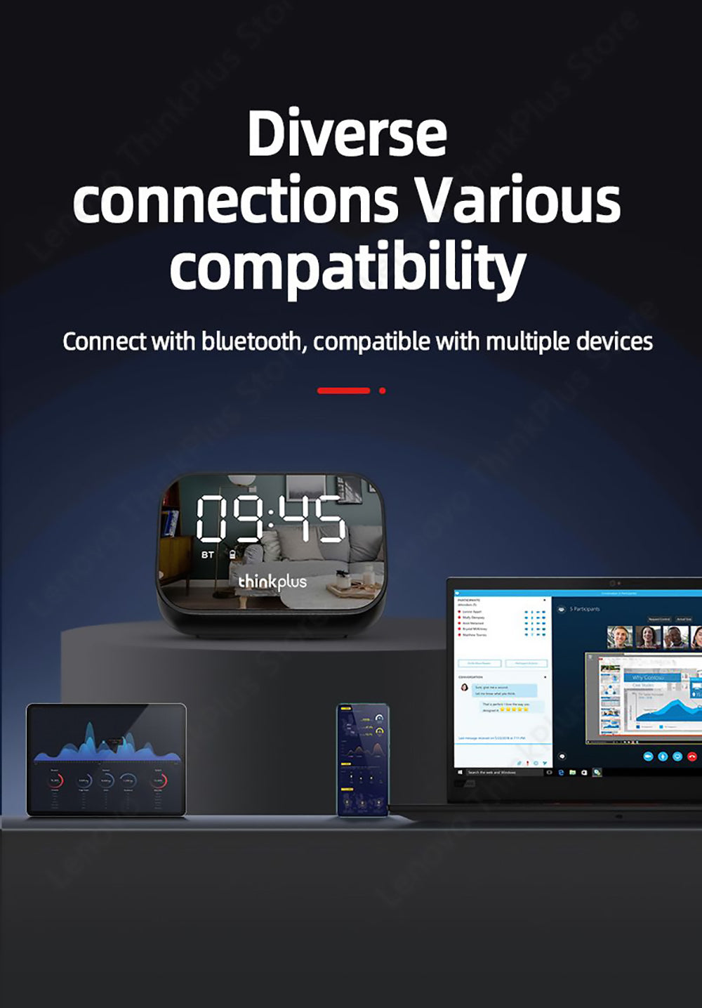 Stolní reproduktor Lenovo TS13, budík, bezdrátový Bluetooth stereo reproduktor, baterie 1500 mAh, zrcadlo, digitální displej - bílý