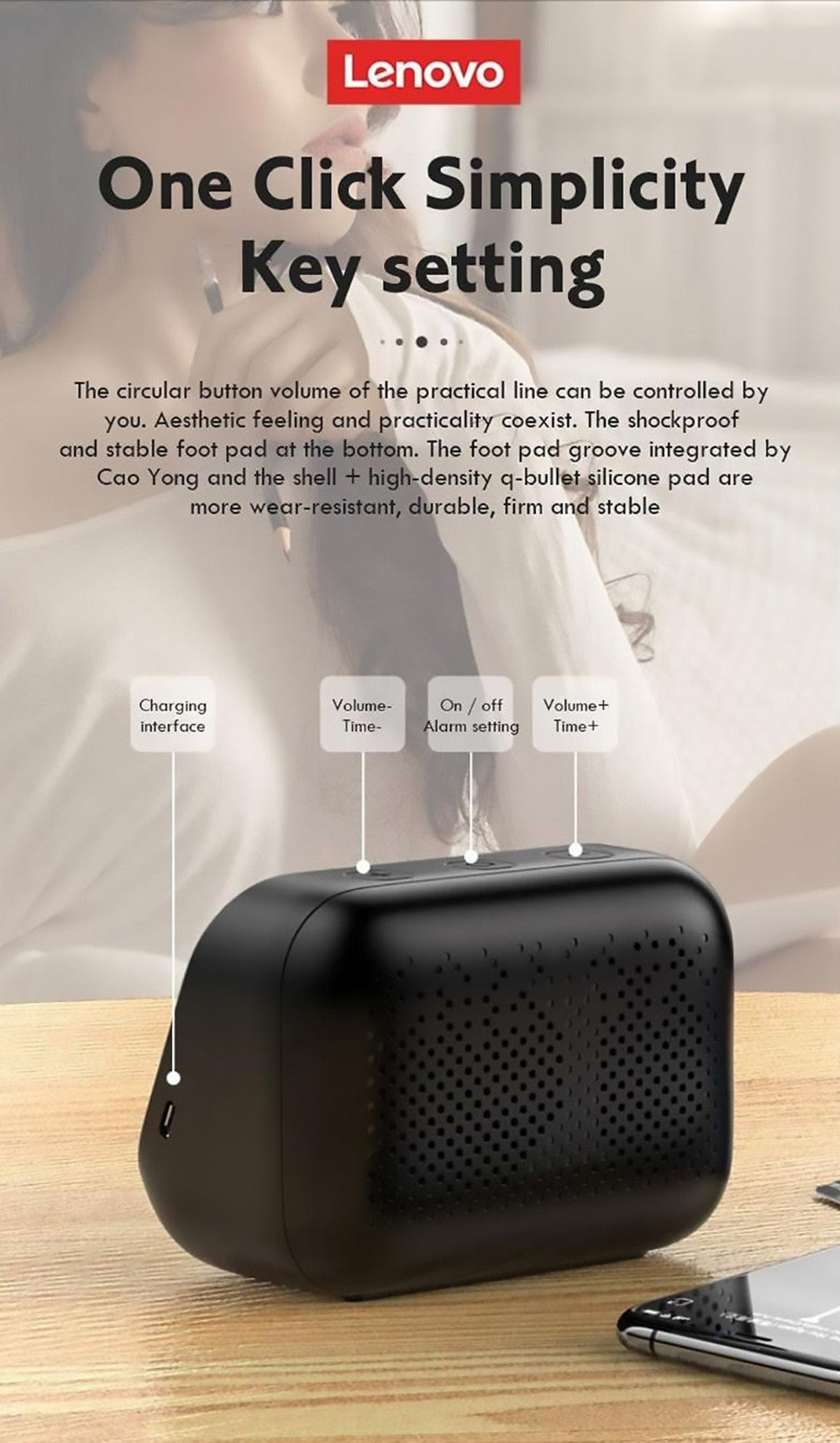 Stolní reproduktor Lenovo TS13, budík, bezdrátový Bluetooth stereo reproduktor, baterie 1500 mAh, zrcadlo, digitální displej - bílý