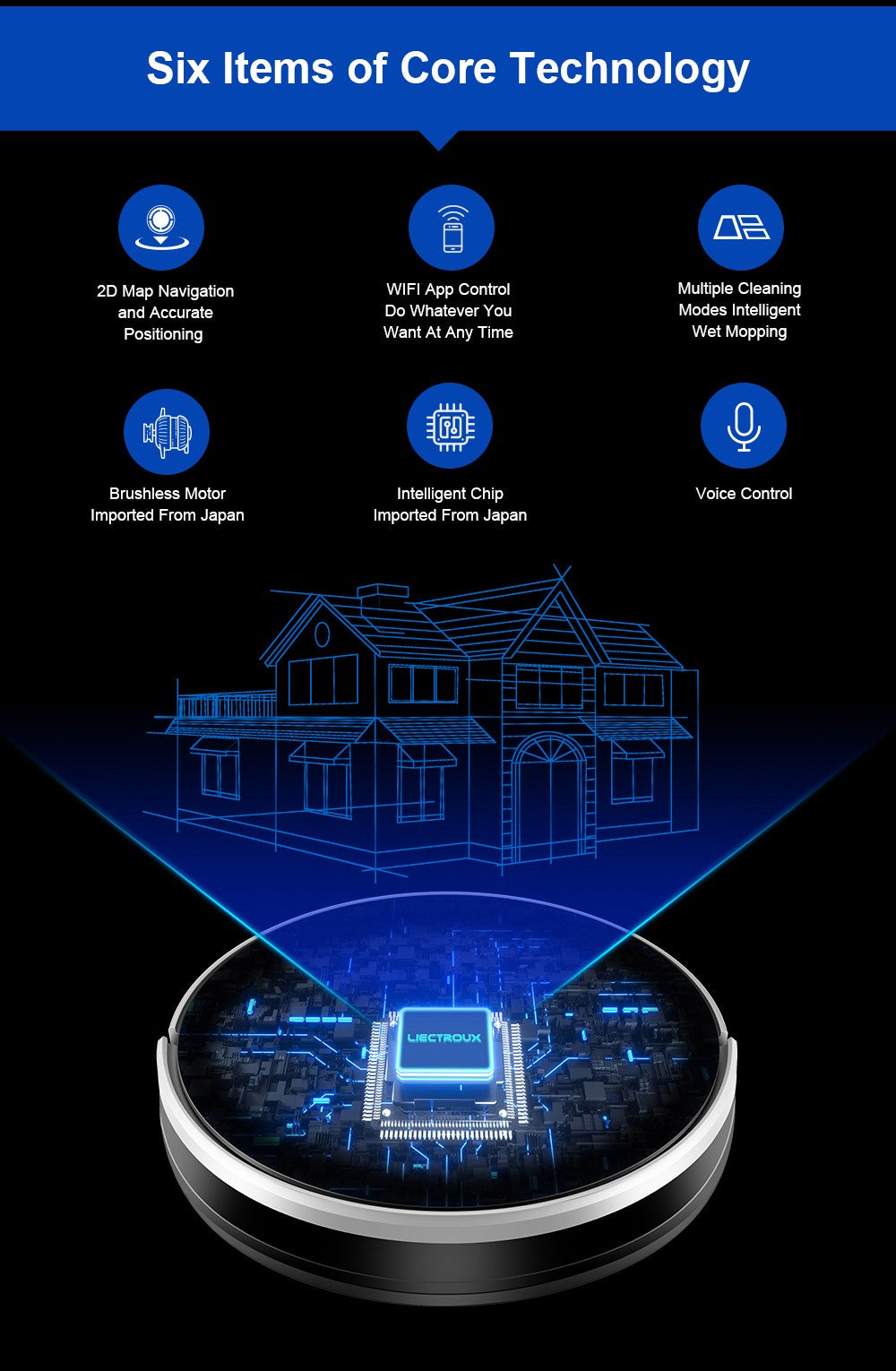 Robotický vysavač LIECTROUX C30B 6000Pa Sání s AI mapovou navigací 2500mAh baterie Inteligentní oddíl Elektrická nádrž na vodu Ovládání APP - Černá