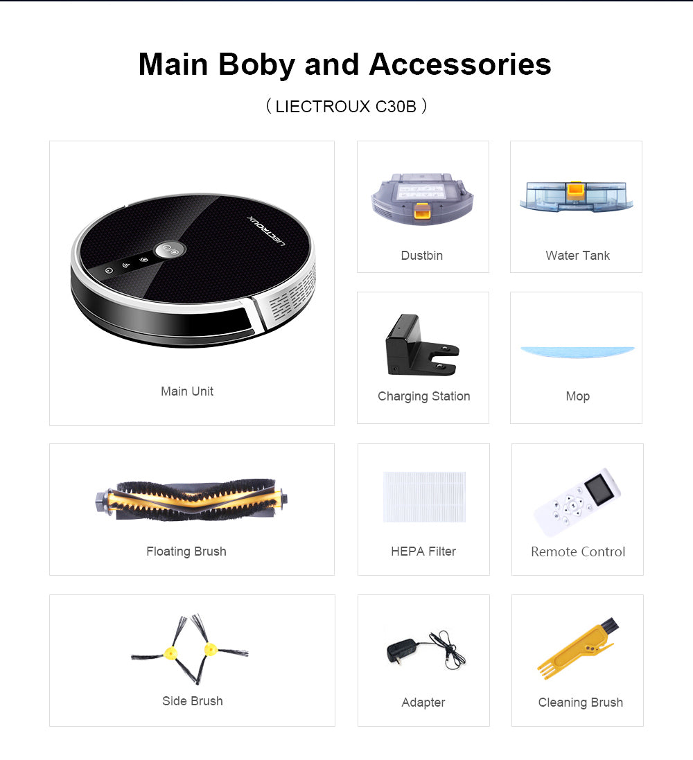 Robotický vysavač LIECTROUX C30B 6000Pa Sání s AI mapovou navigací 2500mAh baterie Inteligentní oddíl Elektrická nádrž na vodu Ovládání APP - Černá