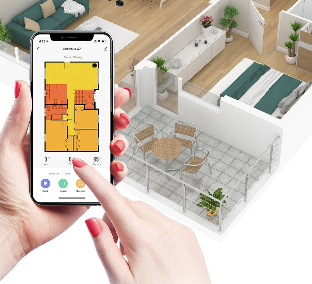 Robotický vysavač Liectroux G7, sací výkon 6500 Pa, laserová navigace, baterie 5200 mAh, výdrž 180 minut - černý, zástrčka EU