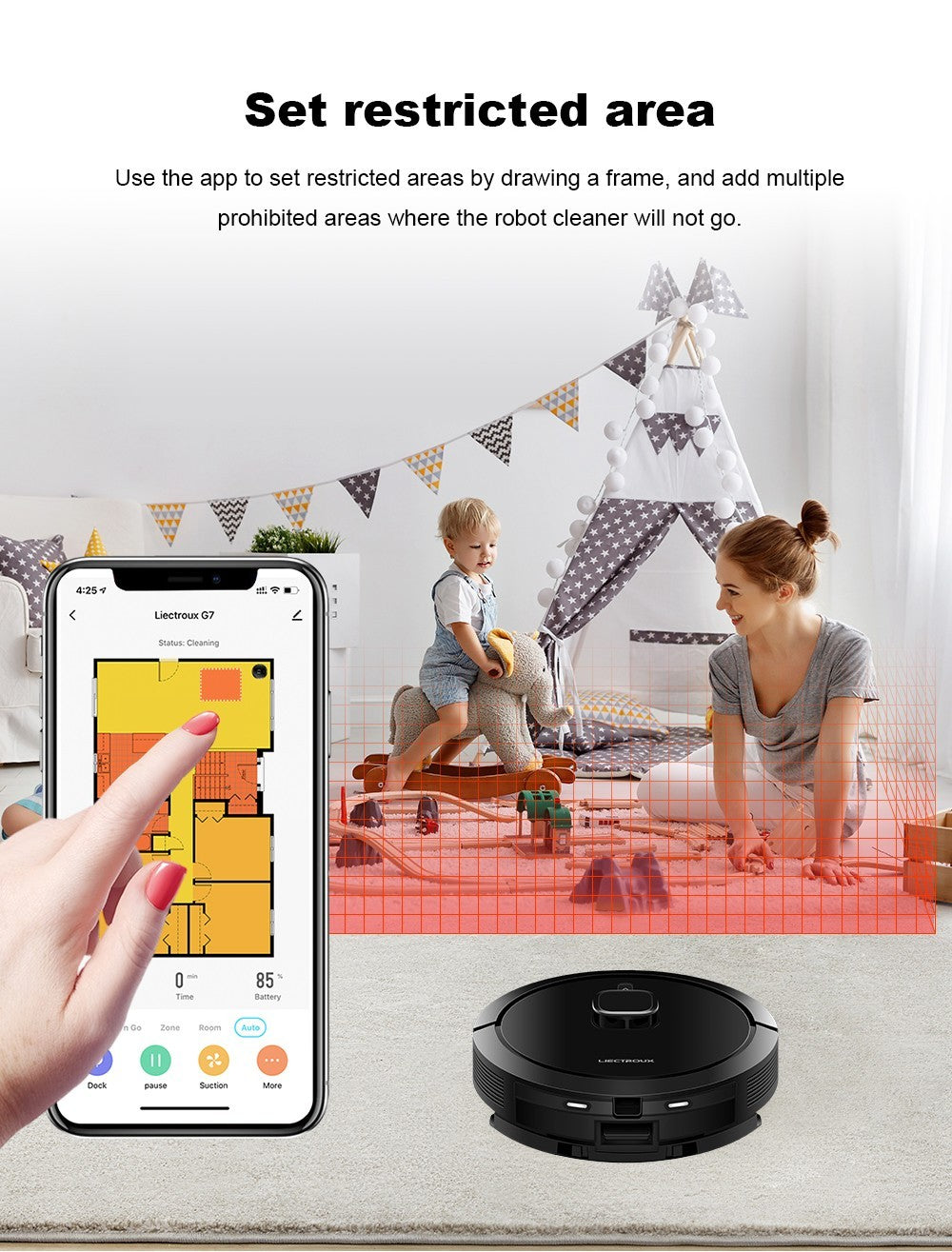 Robotický vysavač Liectroux G7, sací výkon 6500 Pa, laserová navigace, baterie 5200 mAh, výdrž 180 minut - černý, zástrčka EU