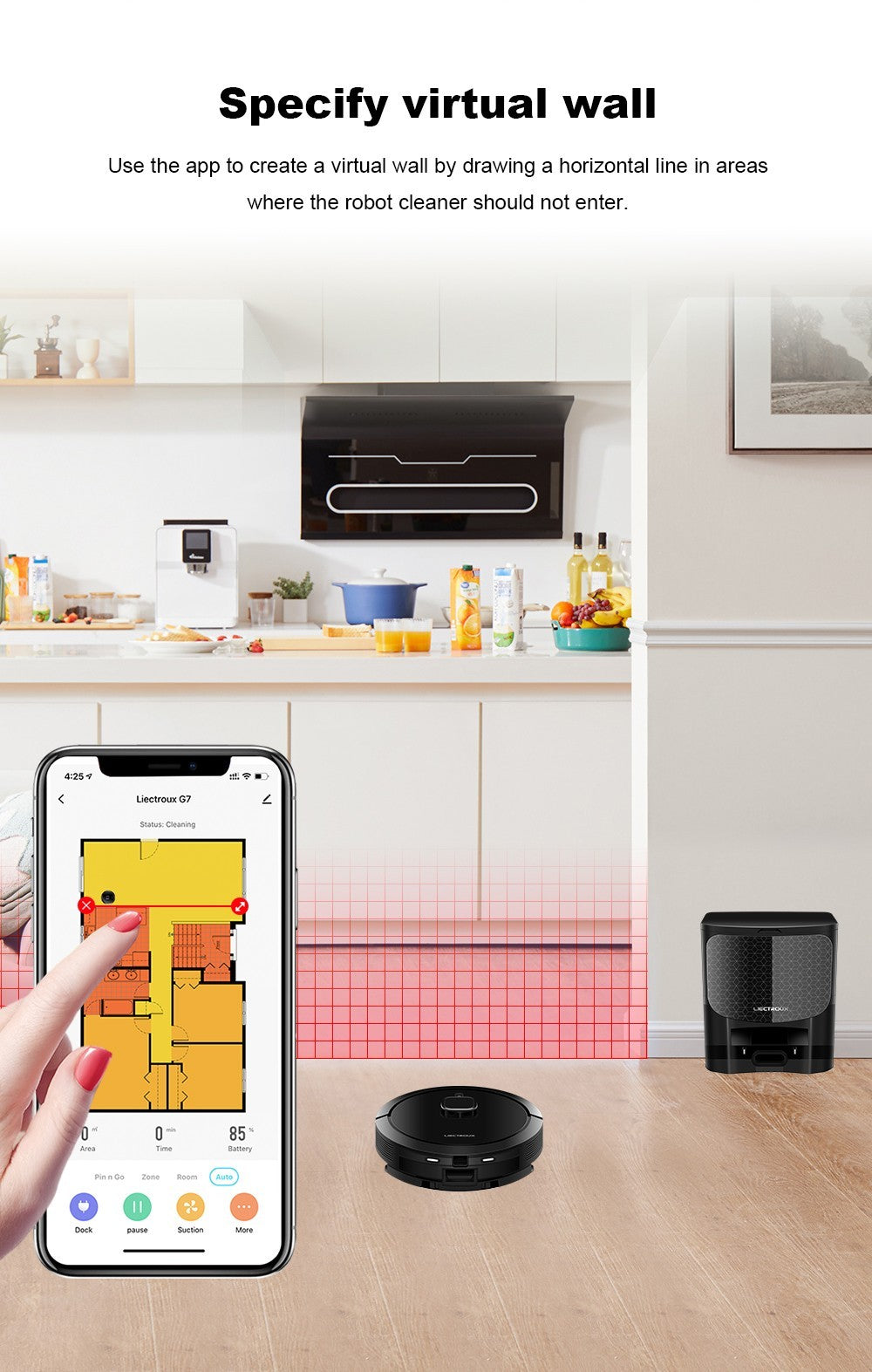 Robotický vysavač Liectroux G7, sací výkon 6500 Pa, laserová navigace, baterie 5200 mAh, výdrž 180 minut - černý, zástrčka EU