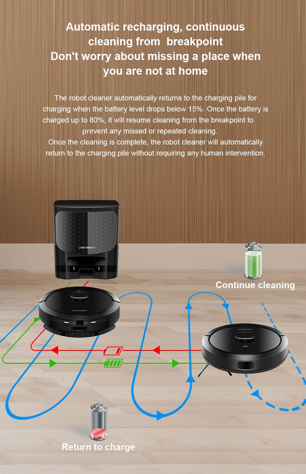 Robotický vysavač Liectroux G7, sací výkon 6500 Pa, laserová navigace, baterie 5200 mAh, výdrž 180 minut - černý, zástrčka EU