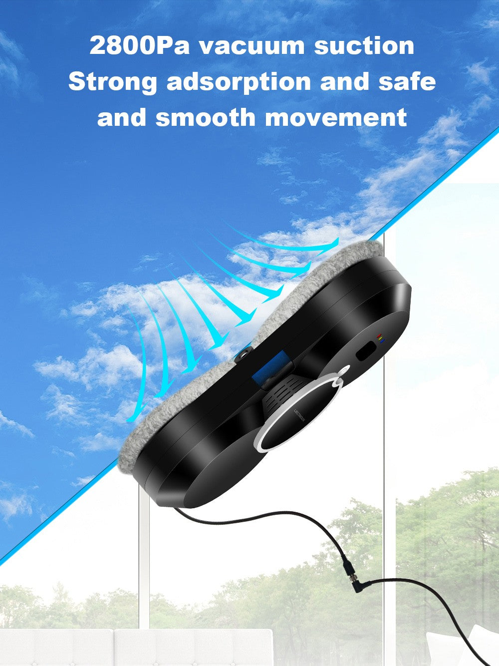 Robotický čistič oken Liectroux HCR-10, nádržka na vodu 30 ml, ultrazvukové postřikování vodou, sací tlak 2800 Pa, ultratenké tělo 6,8 cm