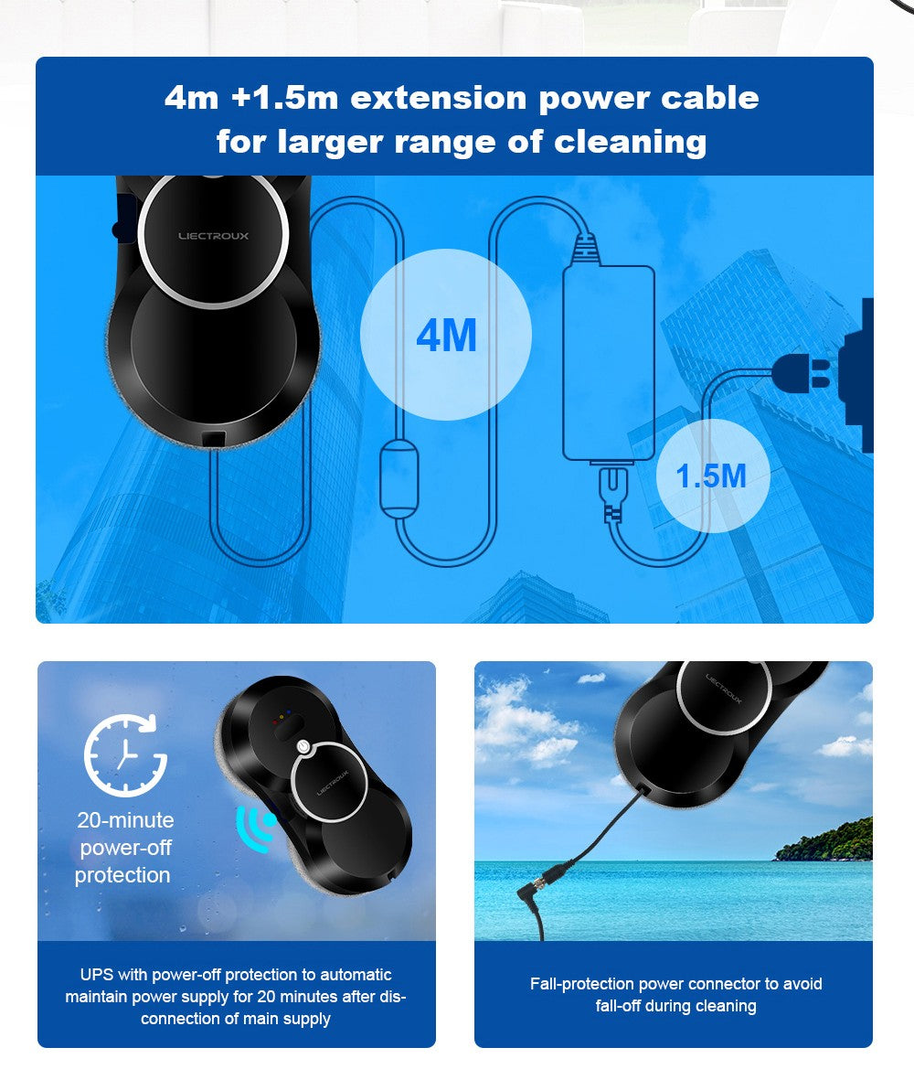 Robotický čistič oken Liectroux HCR-10, nádržka na vodu 30 ml, ultrazvukové postřikování vodou, sací tlak 2800 Pa, ultratenké tělo 6,8 cm