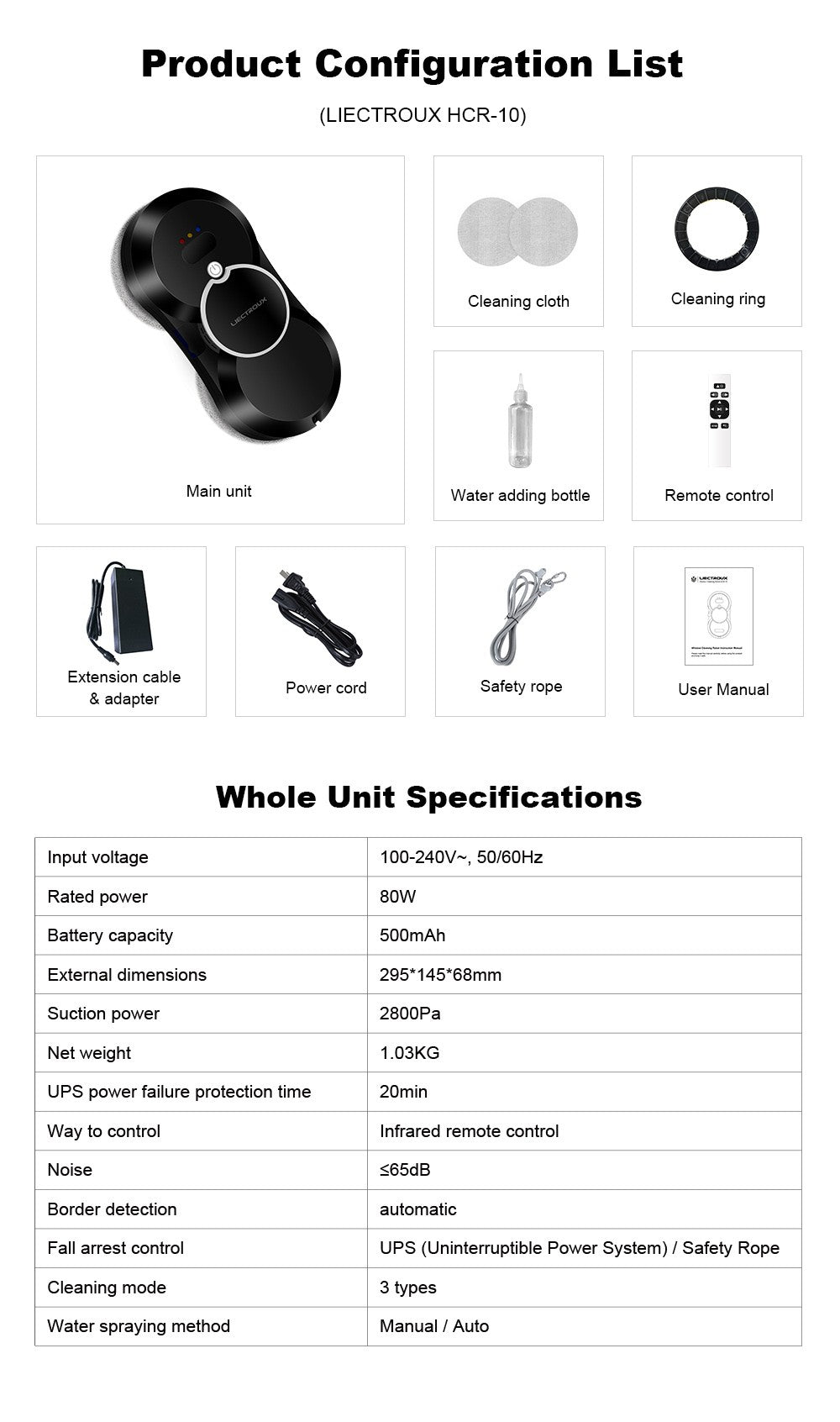 Robotický čistič oken Liectroux HCR-10, nádržka na vodu 30 ml, ultrazvukové postřikování vodou, sací tlak 2800 Pa, ultratenké tělo 6,8 cm