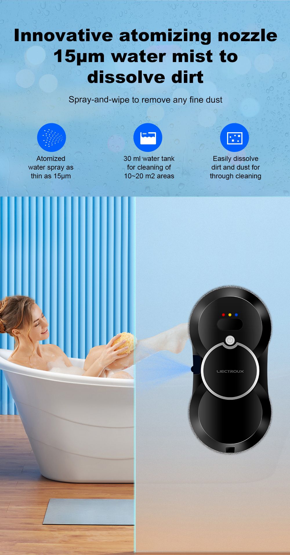 Robotický čistič oken Liectroux HCR-10, nádržka na vodu 30 ml, ultrazvukové postřikování vodou, sací tlak 2800 Pa, ultratenké tělo 6,8 cm