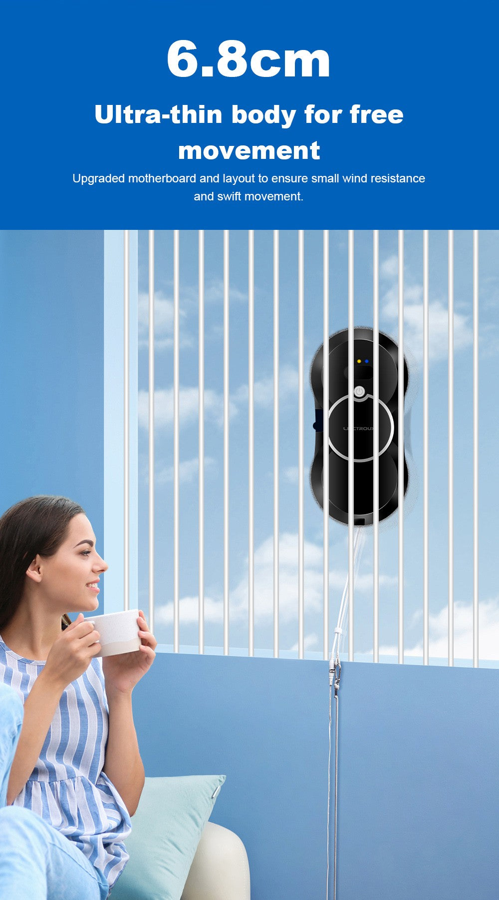 Robotický čistič oken Liectroux HCR-10, nádržka na vodu 30 ml, ultrazvukové postřikování vodou, sací tlak 2800 Pa, ultratenké tělo 6,8 cm