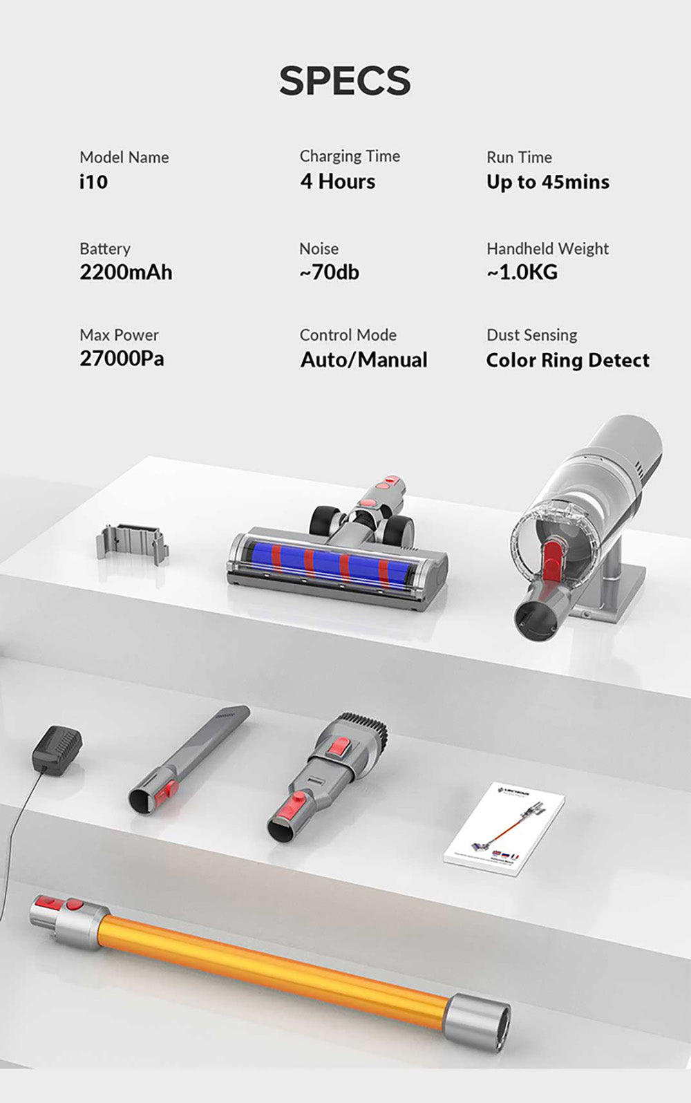 Bezdrátový tyčový vysavač Liectroux i10, inteligentní senzor prachu, 250W BLDC, sací tlak 27 kPa, barevný dotykový displej, LED přední světlo, doba provozu 45 minut, na koberce, podlahy, auto a zvířecí chlupy