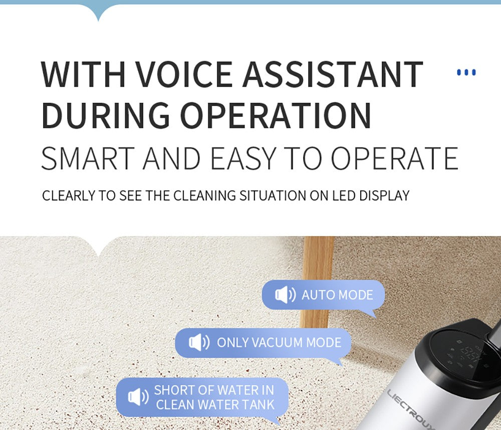 Bezdrátový mokro-suchý vysavač Liectroux i7 Pro, sací výkon 14000 Pa, samočisticí, samoschnoucí, nádrž na čistou vodu 600 ml, doba provozu 35 minut, LED displej, hlasové ovládání, nízká hlučnost