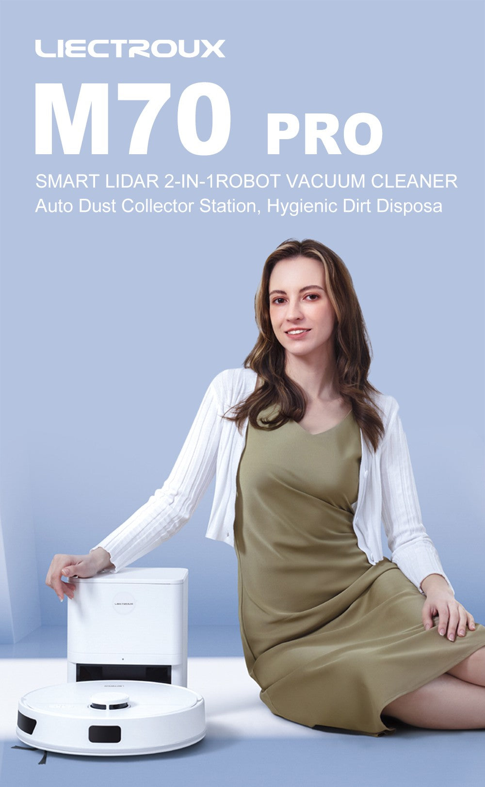 Robotický vysavač Liectroux M70 Pro Lidar se samovyprazdňovacím košem, úložištěm map na více podlaží, silným sacím tlakem 6500 Pa, baterií 3200 mAh, max. výdrží 175 minut, chytrou aplikací a hlasovým ovládáním, 3l sáčkem na prach, bílý