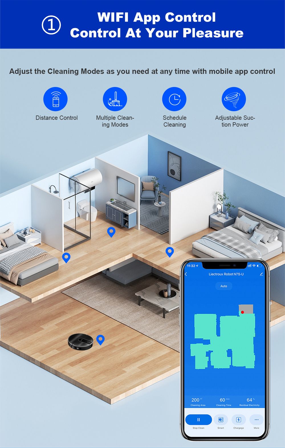 Robotický vysavač a mop Liectroux N7S-U, chytré mapování, WiFi aplikace, sací tlak 6000 Pa, doba provozu 120 minut, nádoba na prach 400 ml a nádržka na vodu 250 ml, WiFi aplikace, funguje s Alexou a Google Assistant, na zvířecí chlupy, koberce a tvrdé podlahy