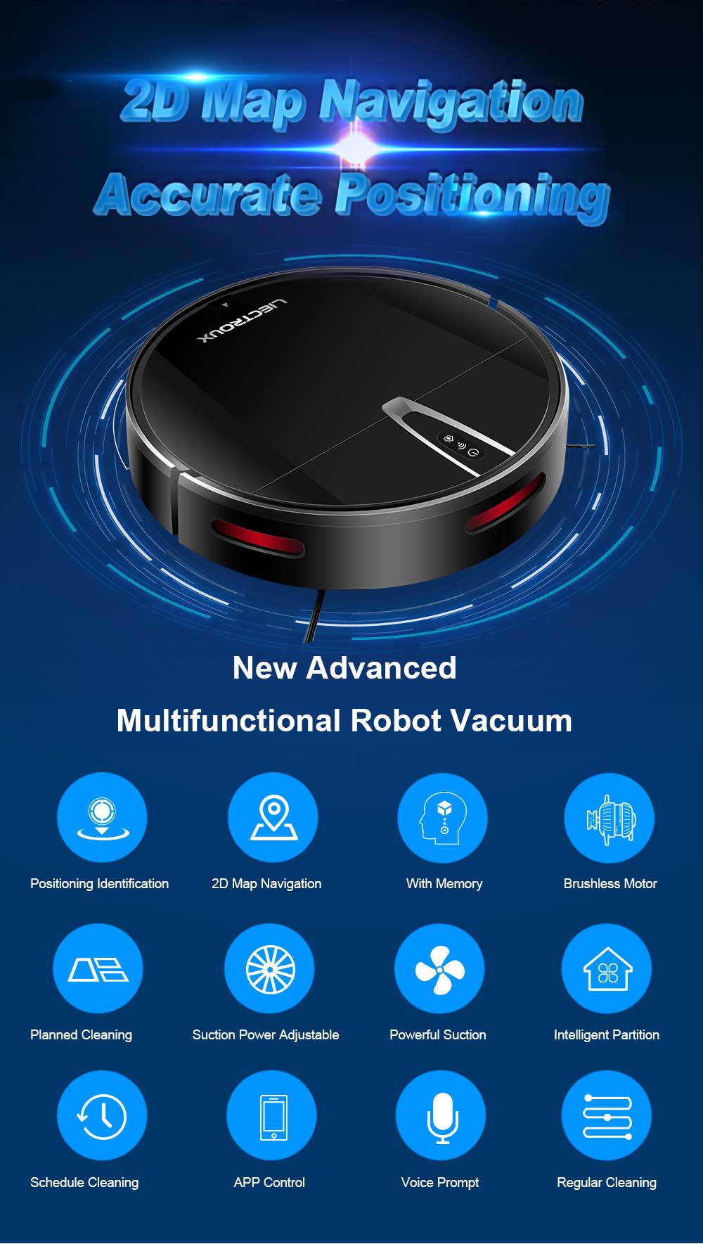 Robotický vysavač LIECTROUX V3S Pro, sací výkon 4000 Pa, suché a mokré vytírání, 2D mapa, navigace, s pamětí, hlasové ovládání pomocí WiFi aplikace