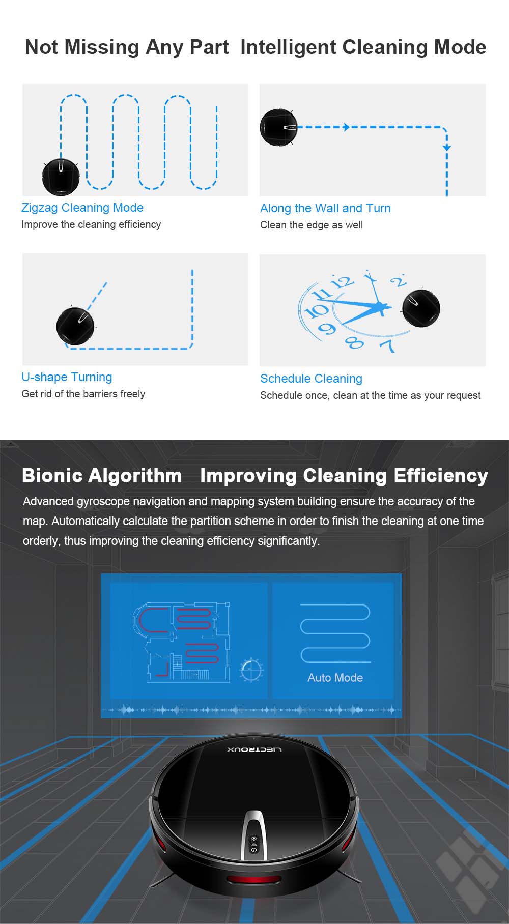 Robotický vysavač LIECTROUX V3S Pro, sací výkon 4000 Pa, suché a mokré vytírání, 2D mapa, navigace, s pamětí, hlasové ovládání pomocí WiFi aplikace
