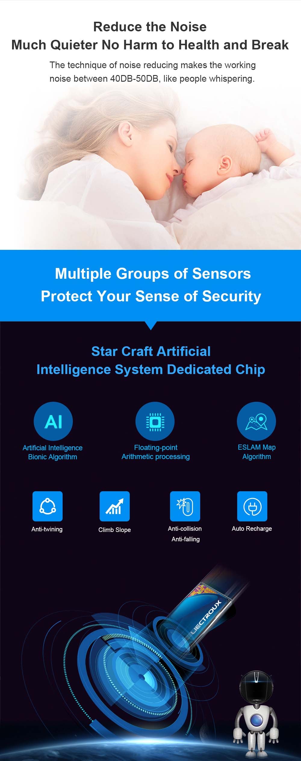 Robotický vysavač LIECTROUX V3S Pro, sací výkon 4000 Pa, suché a mokré vytírání, 2D mapa, navigace, s pamětí, hlasové ovládání pomocí WiFi aplikace