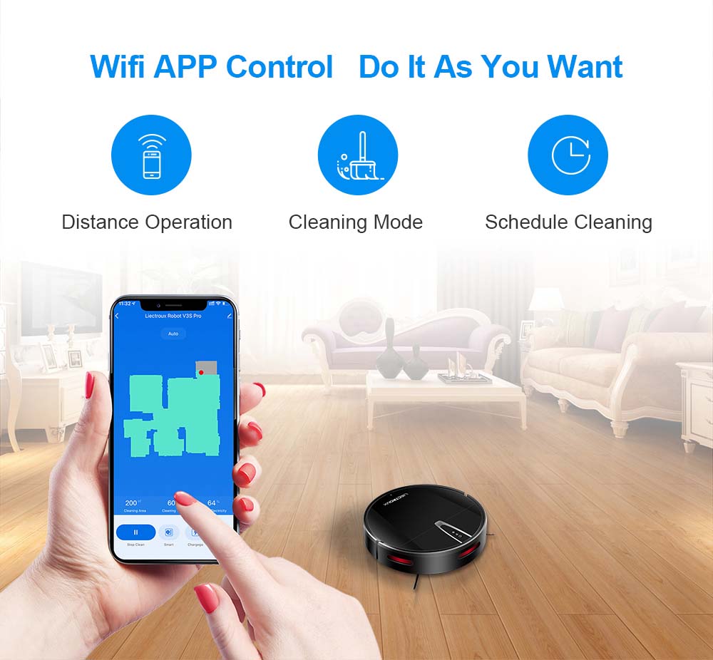 Robotický vysavač LIECTROUX V3S Pro, sací výkon 4000 Pa, suché a mokré vytírání, 2D mapa, navigace, s pamětí, hlasové ovládání pomocí WiFi aplikace