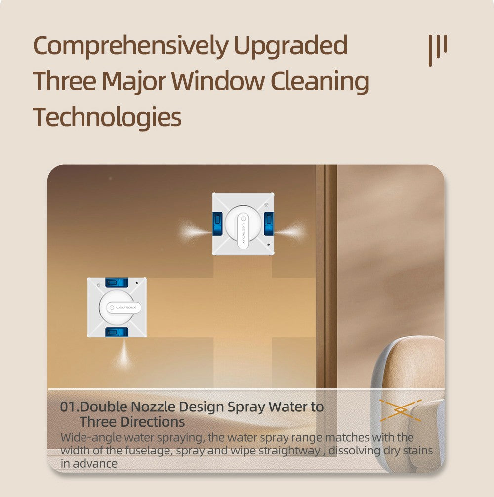 Robotický čistič oken Liectroux YW509, dvojitý vodní sprej, sací výkon 3000 Pa, laserový senzor, ochrana proti pádu, 3 režimy čištění, inteligentní plánování trasy, nízká hlučnost, dálkové ovládání - bílý