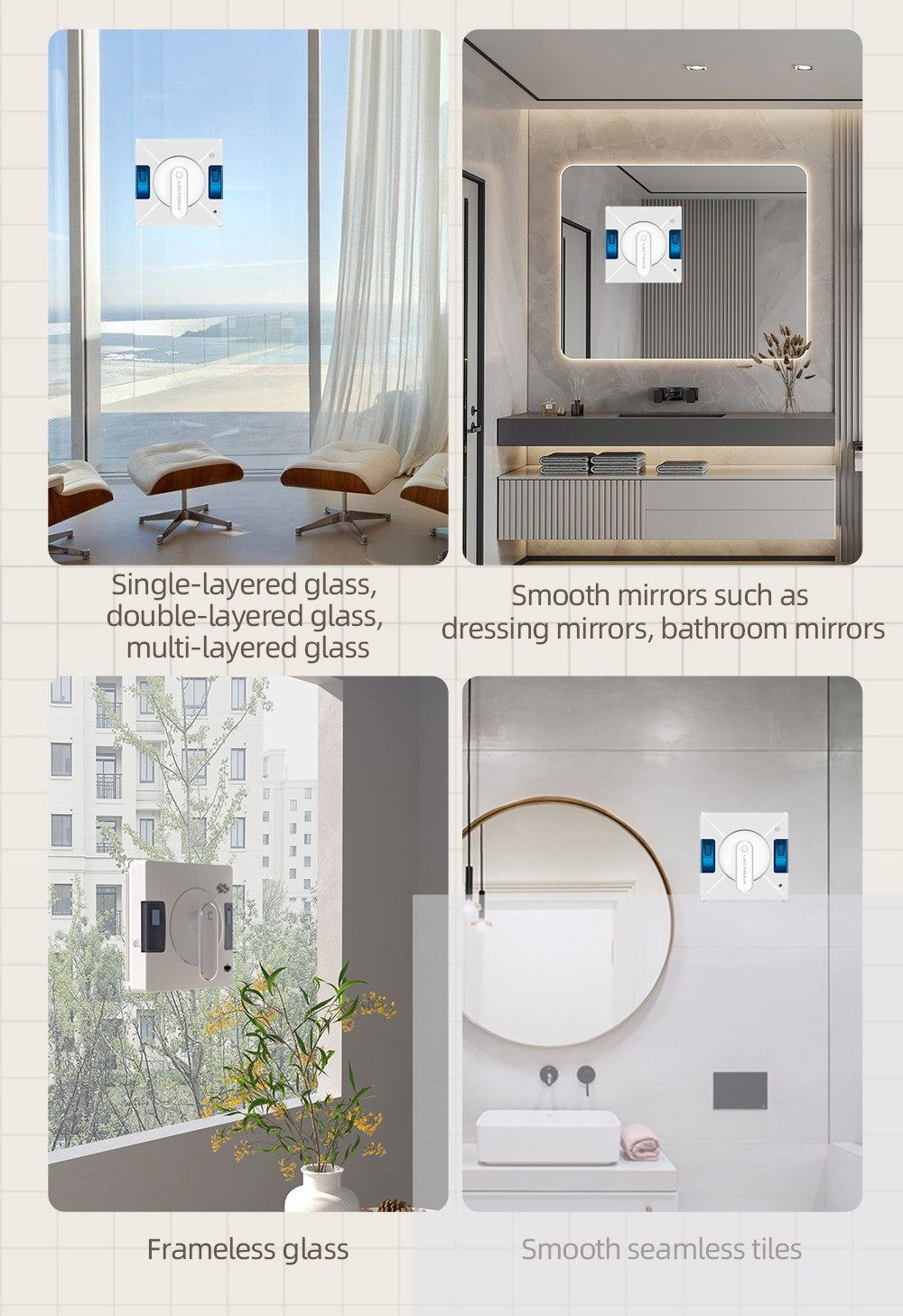 Robotický čistič oken Liectroux YW509, dvojitý vodní sprej, sací výkon 3000 Pa, laserový senzor, ochrana proti pádu, 3 režimy čištění, inteligentní plánování trasy, nízká hlučnost, dálkové ovládání - bílý