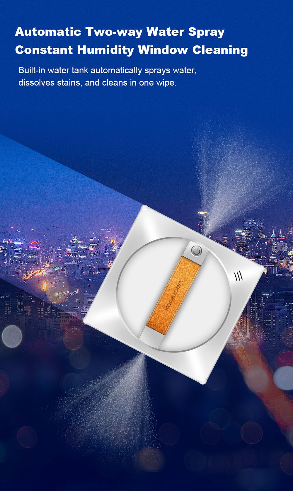 Liectroux YW710 robotický čistič oken, dvojitý vodní sprchový střik, sací tlak 2500 Pa, nízká hlučnost, vodicí kolečka o 360°, dálkové ovládání a ovládání aplikací, bílý