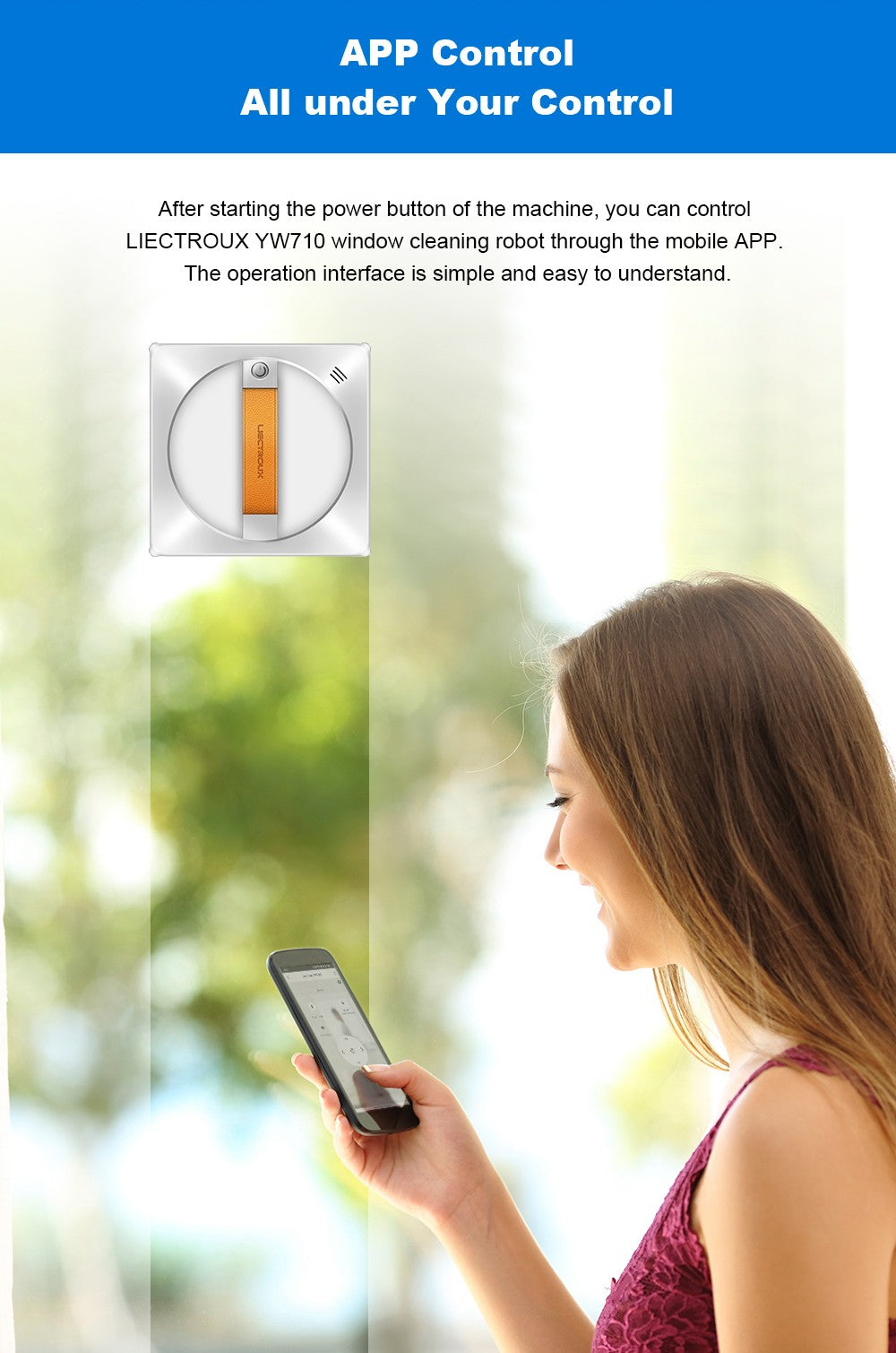 Liectroux YW710 robotický čistič oken, dvojitý vodní sprchový střik, sací tlak 2500 Pa, nízká hlučnost, vodicí kolečka o 360°, dálkové ovládání a ovládání aplikací, bílý