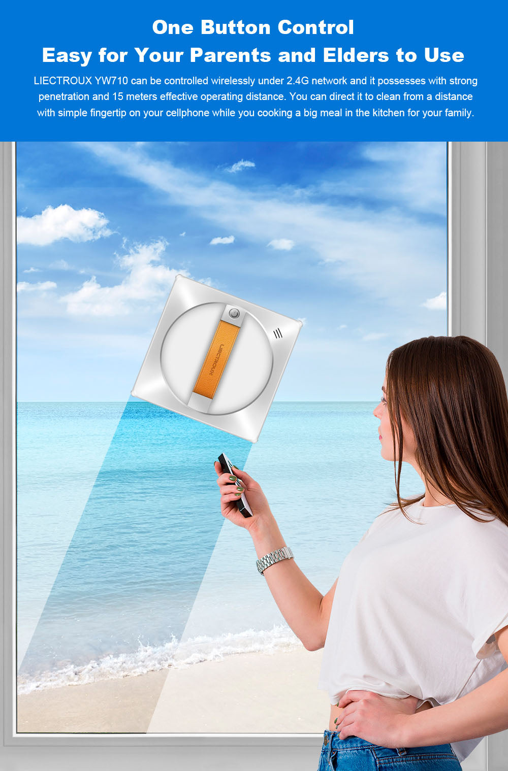 Liectroux YW710 robotický čistič oken, dvojitý vodní sprchový střik, sací tlak 2500 Pa, nízká hlučnost, vodicí kolečka o 360°, dálkové ovládání a ovládání aplikací, bílý
