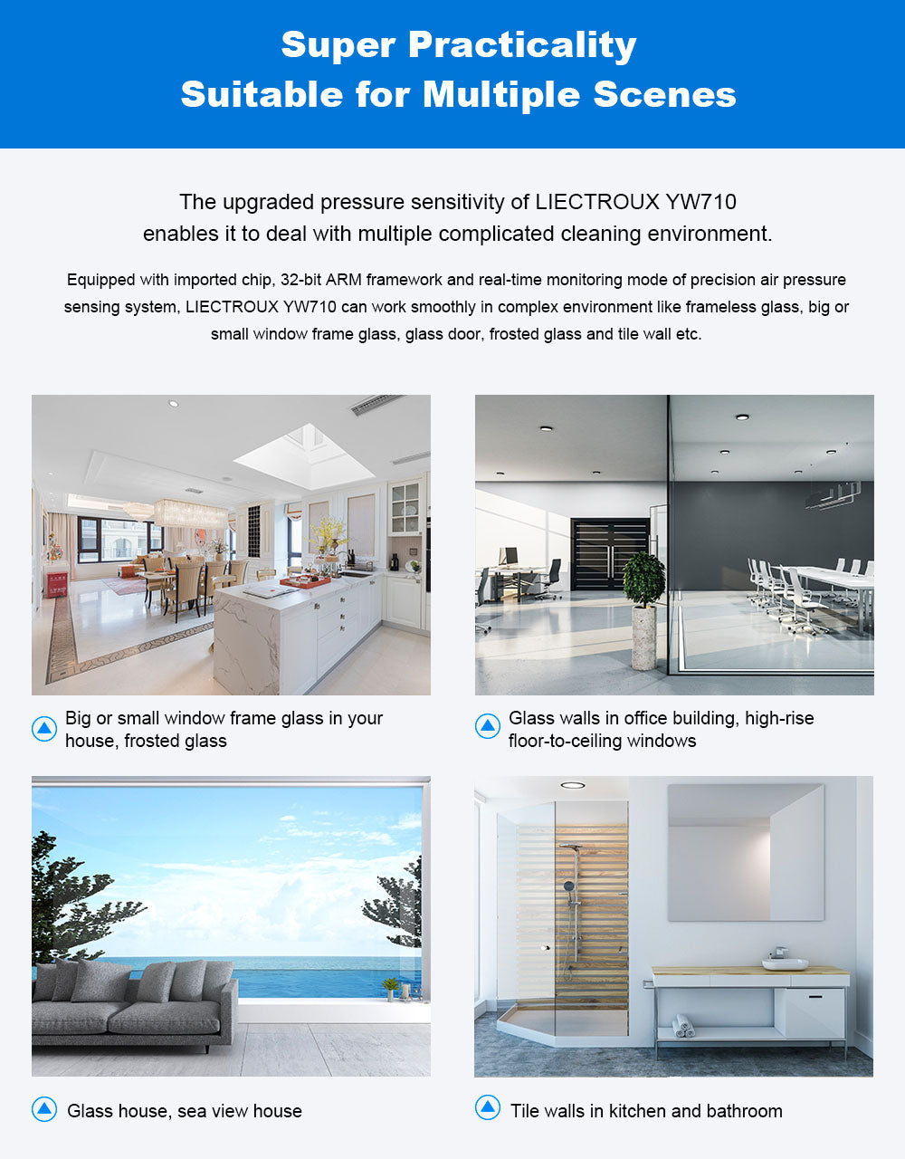 Liectroux YW710 robotický čistič oken, dvojitý vodní sprchový střik, sací tlak 2500 Pa, nízká hlučnost, vodicí kolečka o 360°, dálkové ovládání a ovládání aplikací, bílý