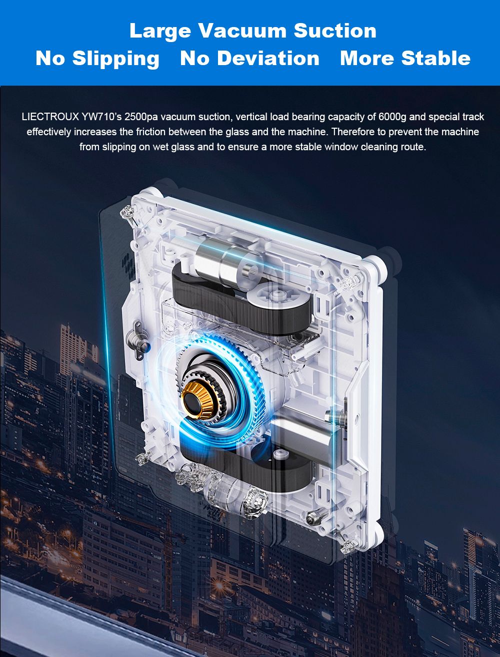 Liectroux YW710 robotický čistič oken, dvojitý vodní sprchový střik, sací tlak 2500 Pa, nízká hlučnost, vodicí kolečka o 360°, dálkové ovládání a ovládání aplikací, bílý