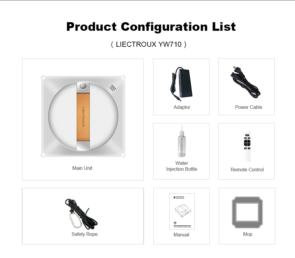 Liectroux YW710 robotický čistič oken, dvojitý vodní sprchový střik, sací tlak 2500 Pa, nízká hlučnost, vodicí kolečka o 360°, dálkové ovládání a ovládání aplikací, bílý