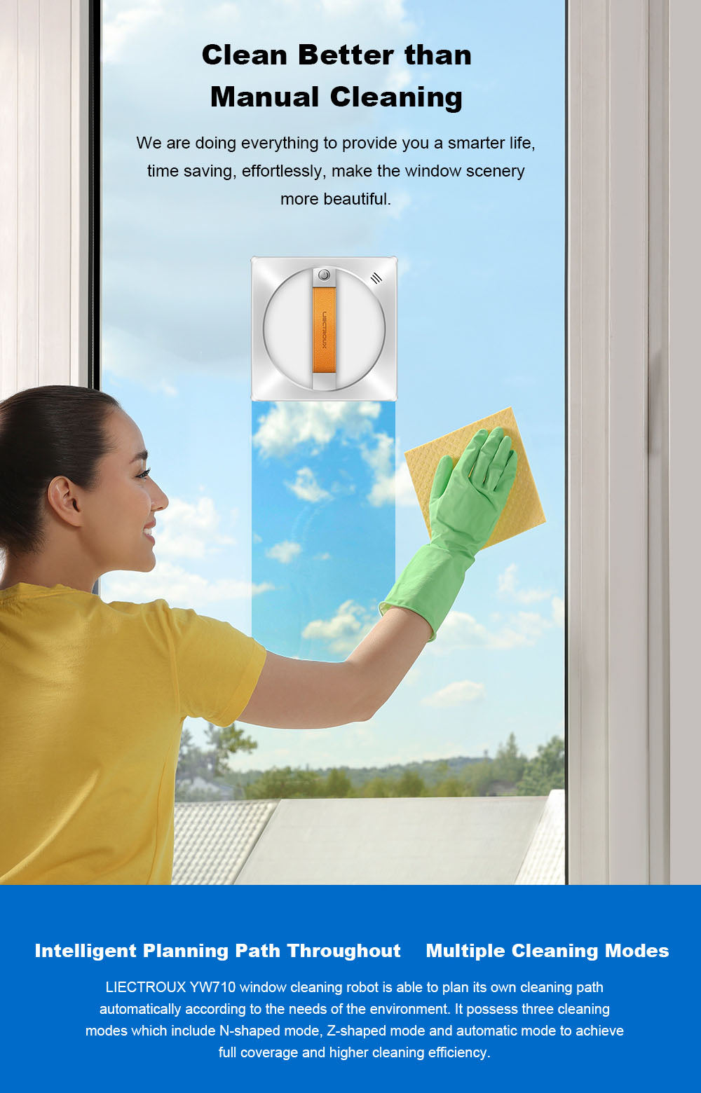 Liectroux YW710 robotický čistič oken, dvojitý vodní sprchový střik, sací tlak 2500 Pa, nízká hlučnost, vodicí kolečka o 360°, dálkové ovládání a ovládání aplikací, bílý