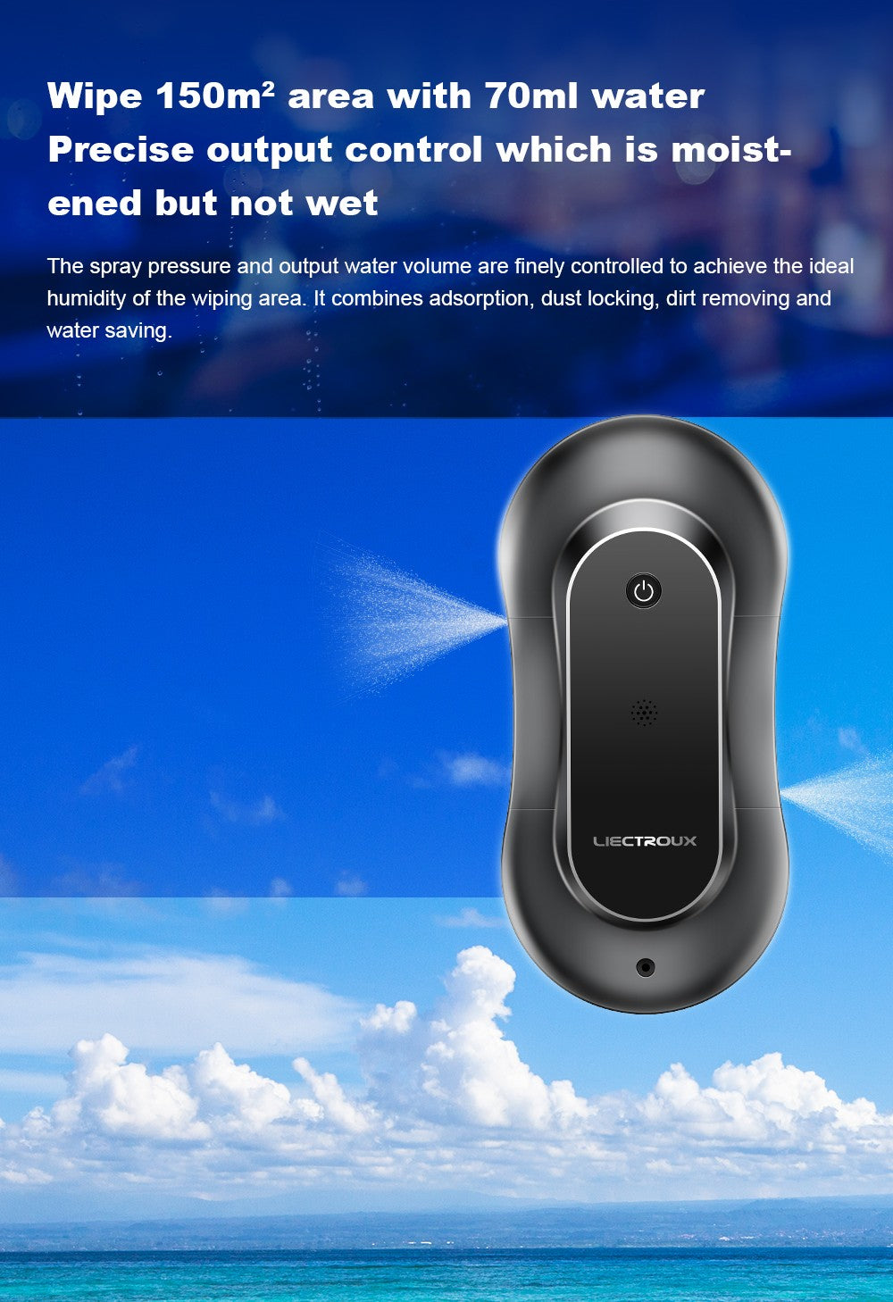 Robotický čistič oken LIECTROUX YW810, obousměrný rozprašovač vody, suché a mokré vytírání, AI trasa, bezkartáčový motor a ventilátor, ovládání přes aplikaci a dálkové ovládání, více způsobů zabezpečení, černý