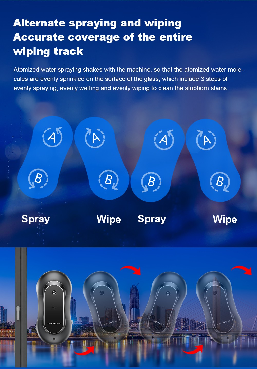 Robotický čistič oken LIECTROUX YW810, obousměrný rozprašovač vody, suché a mokré vytírání, AI trasa, bezkartáčový motor a ventilátor, ovládání přes aplikaci a dálkové ovládání, více způsobů zabezpečení, černý