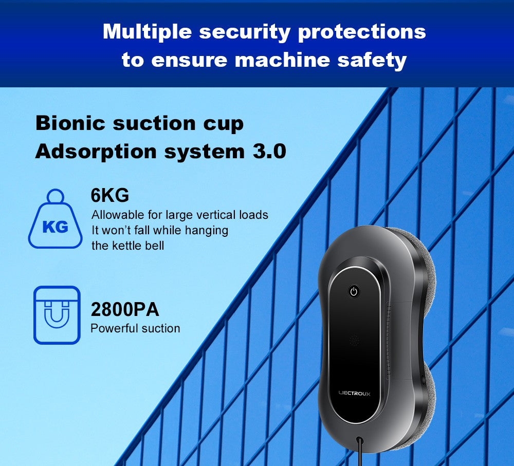 Robotický čistič oken LIECTROUX YW810, obousměrný rozprašovač vody, suché a mokré vytírání, AI trasa, bezkartáčový motor a ventilátor, ovládání přes aplikaci a dálkové ovládání, více způsobů zabezpečení, černý