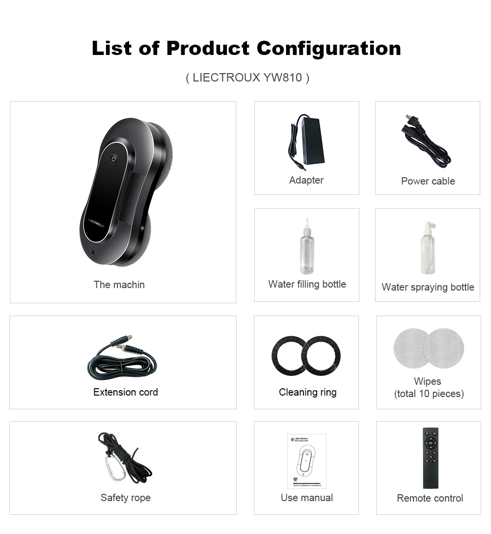 Robotický čistič oken LIECTROUX YW810, obousměrný rozprašovač vody, suché a mokré vytírání, AI trasa, bezkartáčový motor a ventilátor, ovládání přes aplikaci a dálkové ovládání, více způsobů zabezpečení, černý