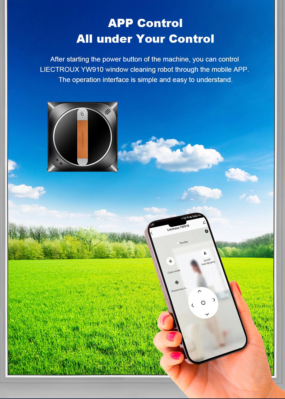 Liectroux YW910 robotický čistič oken, dvojitý vodní sprej, sací výkon 3000 Pa, laserový senzor, ovládání aplikací a dálkovým ovládáním, paměťová funkce