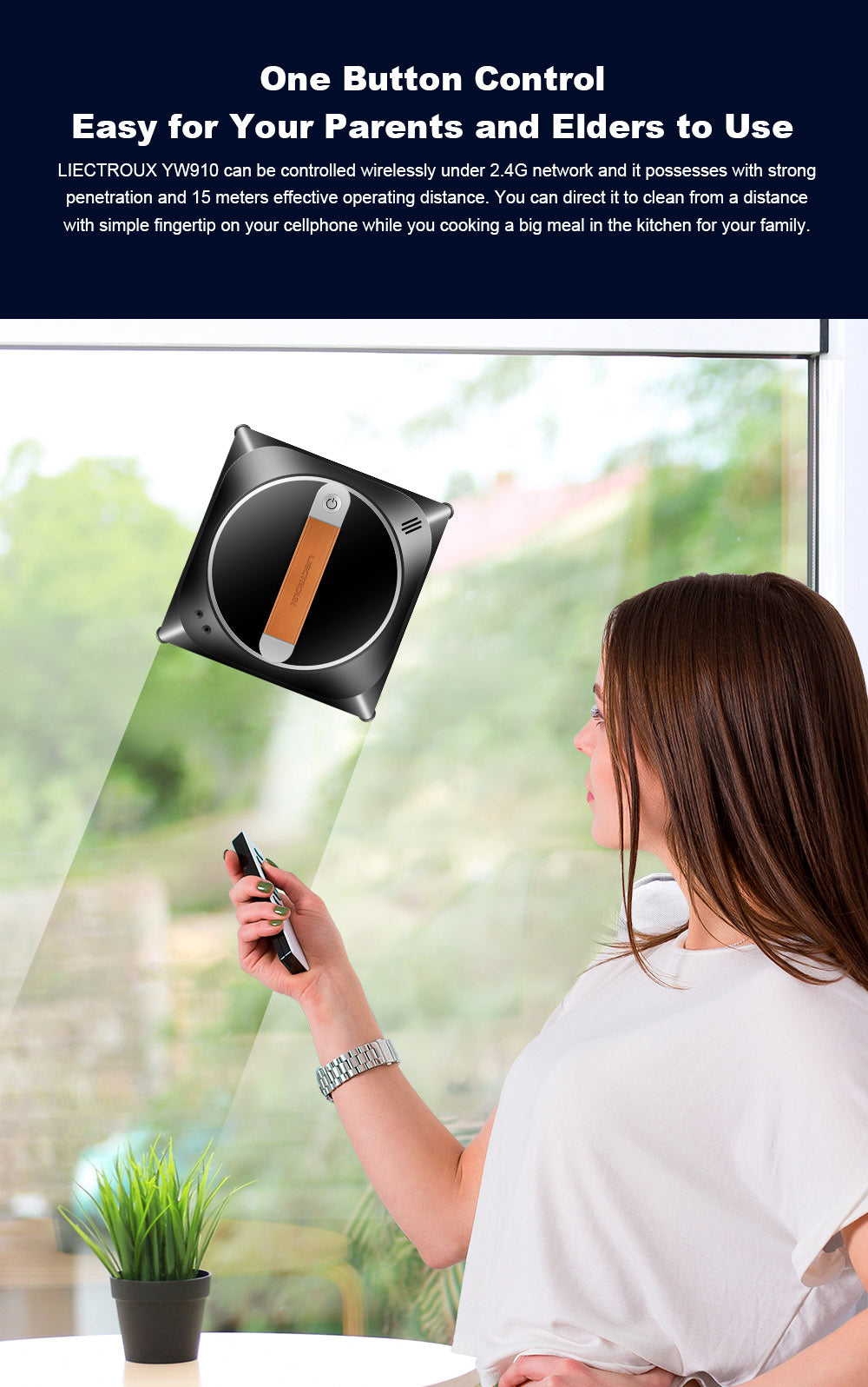 Liectroux YW910 robotický čistič oken, dvojitý vodní sprej, sací výkon 3000 Pa, laserový senzor, ovládání aplikací a dálkovým ovládáním, paměťová funkce